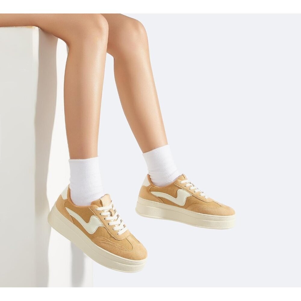 Women Platform CamelWhite Sneaker Thick Sole Suede Leather Low Top Walking Shoes - Picture 6 of 9